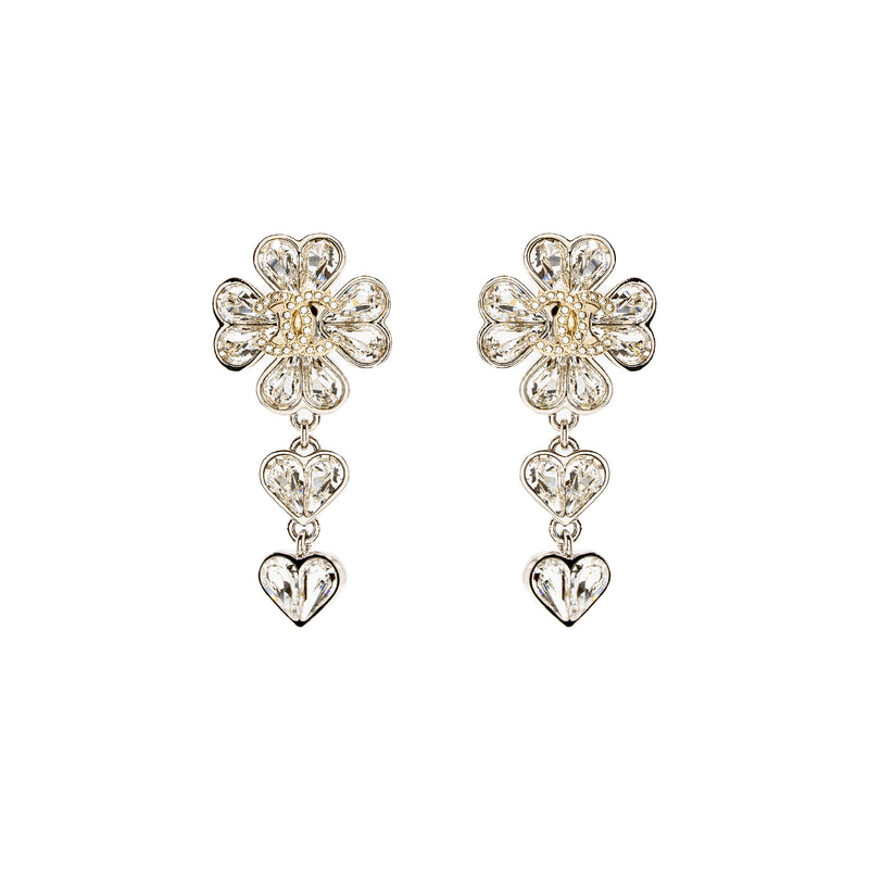 Chanel CC Clover Heart Drop Earrings Crystal Silver Tone