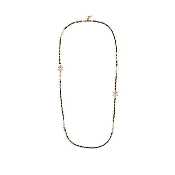 Chanel Leather Chain/CC Logo/Crystal Long Necklace Light Gold Tone