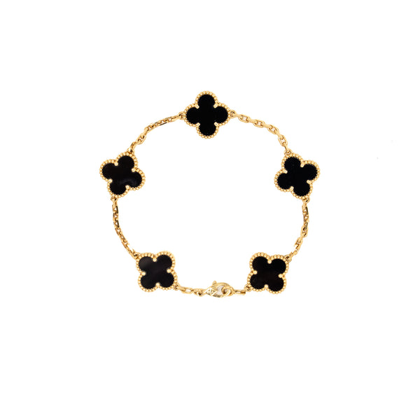 Van Cleef & Arpels Vintage Alhambra 5-Motif Bracelet Yellow Gold, Onyx