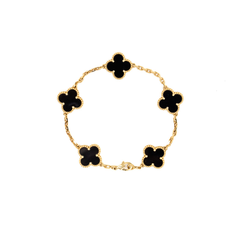 Van Cleef & Arpels Vintage Alhambra 5-Motif Bracelet Yellow Gold, Onyx