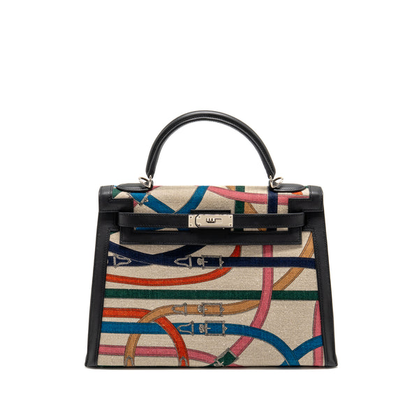 Hermes Kelly 32 limited edition Toile de washed canvas / swift leather black / cavalcadour print SHW stamp A