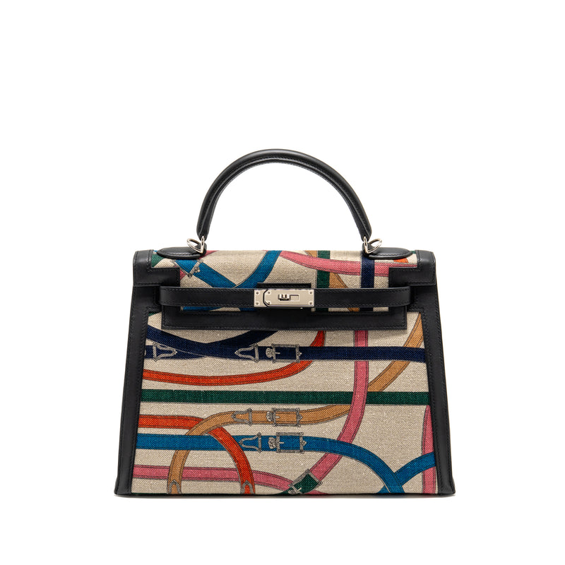 Hermes Kelly 32 limited edition Toile de washed canvas / swift leather black / cavalcadour print SHW stamp A