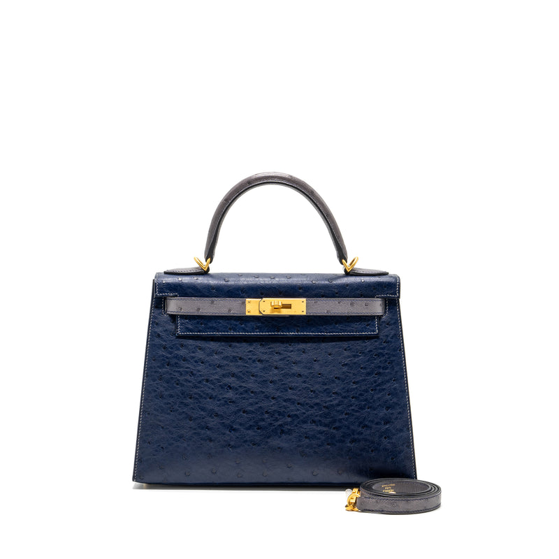 Hermes Kelly 28 Ostrich Blue Iris/ Gris Agate GHW Stamp D