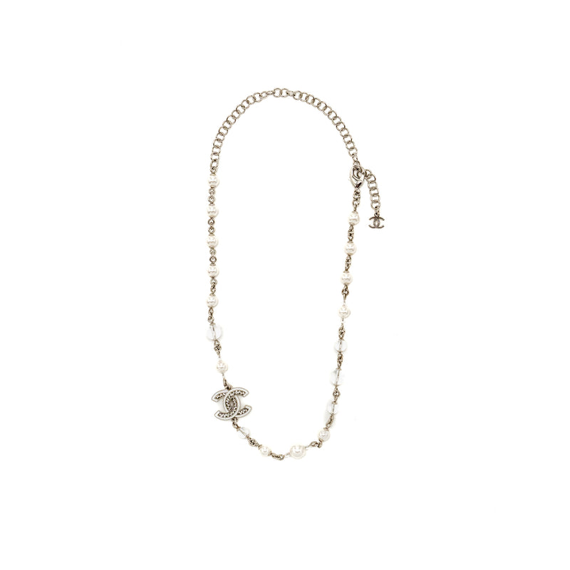 Chanel CC Logo Necklace Metal, Pearl, Crystal Silver Tone