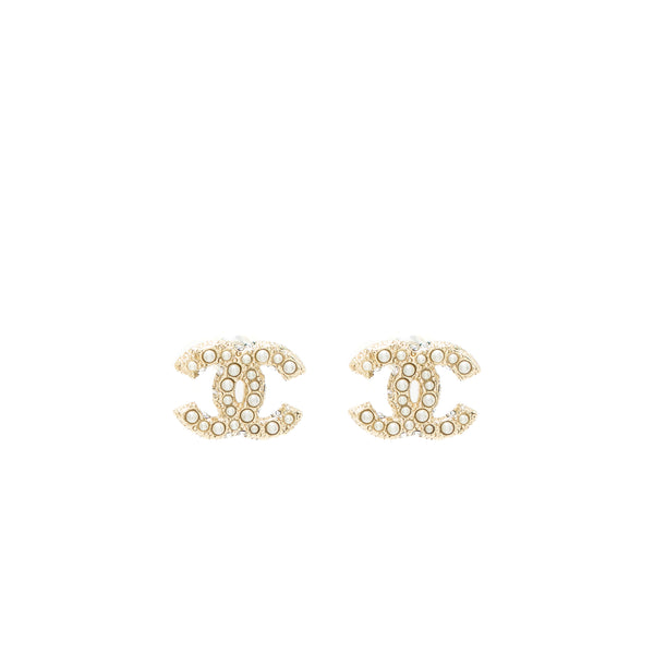 Chanel Classic Mini CC Logo Earrings Pearl/Crystal Light Gold Tone