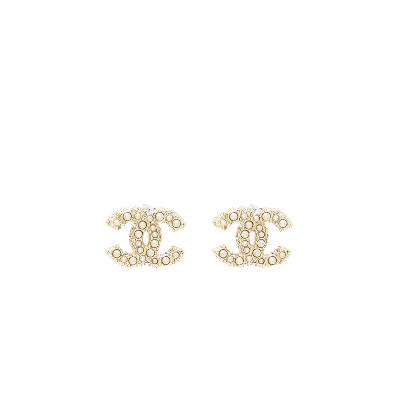 Chanel Classic Mini CC Logo Earrings Pearl/Crystal Light Gold Tone