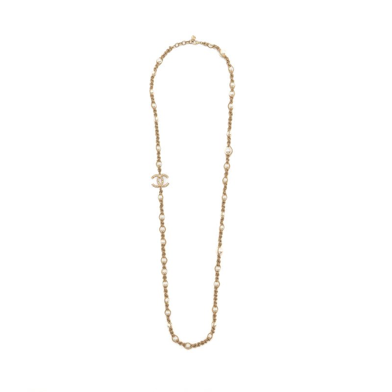 Chanel Long Necklace Pearl/CC Logo Crystal Gold Tone