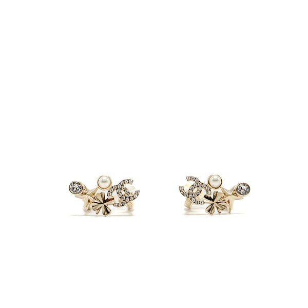 Chanel CC Logo Flower Ear Clips Crystal/Pearl Light Gold Tone