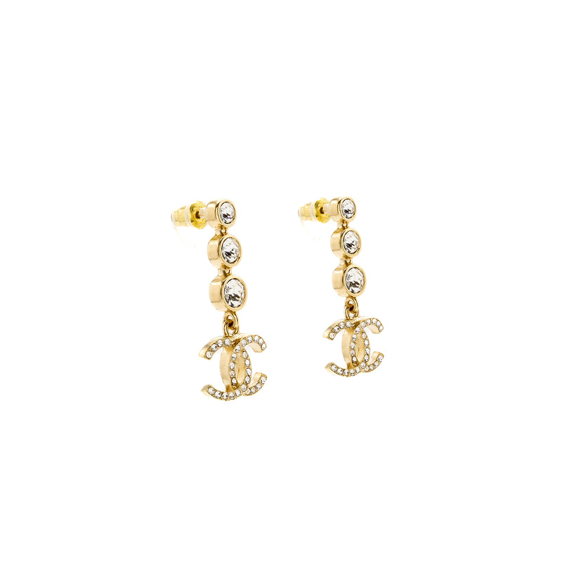 Chanel CC Logo Dropped Earrings Crystal Light Gold Tone