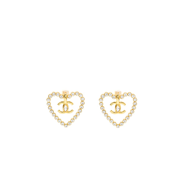 Chanel Giant heart and cc logo ear clips with crystal gold tone