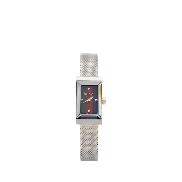 Gucci G-Frame Watch Steel case, green-red-blue web dial, steel mesh bracelet