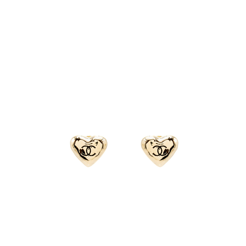 Chanel Mini Heart CC Logo Earrings Light Gold Tone