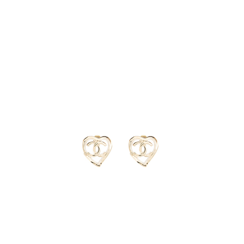 Chanel Heart and CC Logo Earrings Light Gold Tone