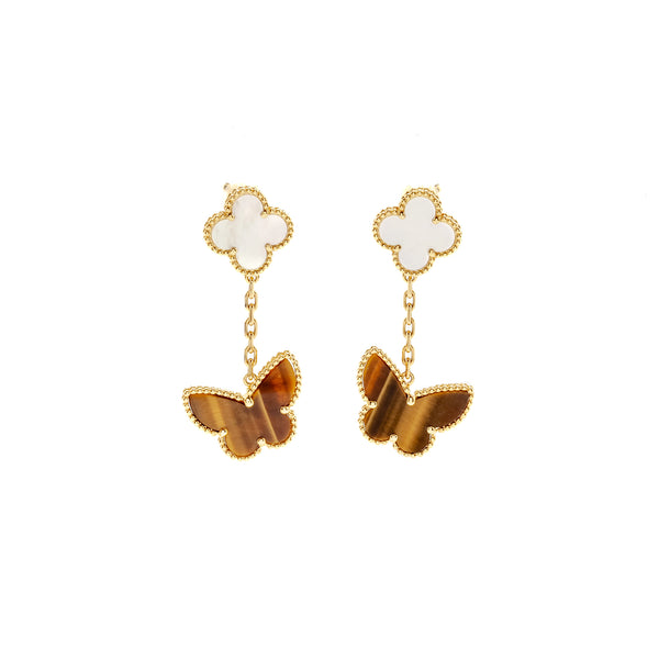 Van Cleef & Arpels Lucky Alhambra 2-Motif Ear Clips Yellow Gold, White Mother of Pearl, Tiger’s Eye