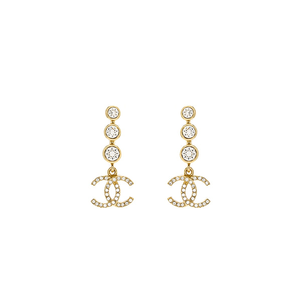 Chanel CC Logo Dropped Earrings Crystal Light Gold Tone