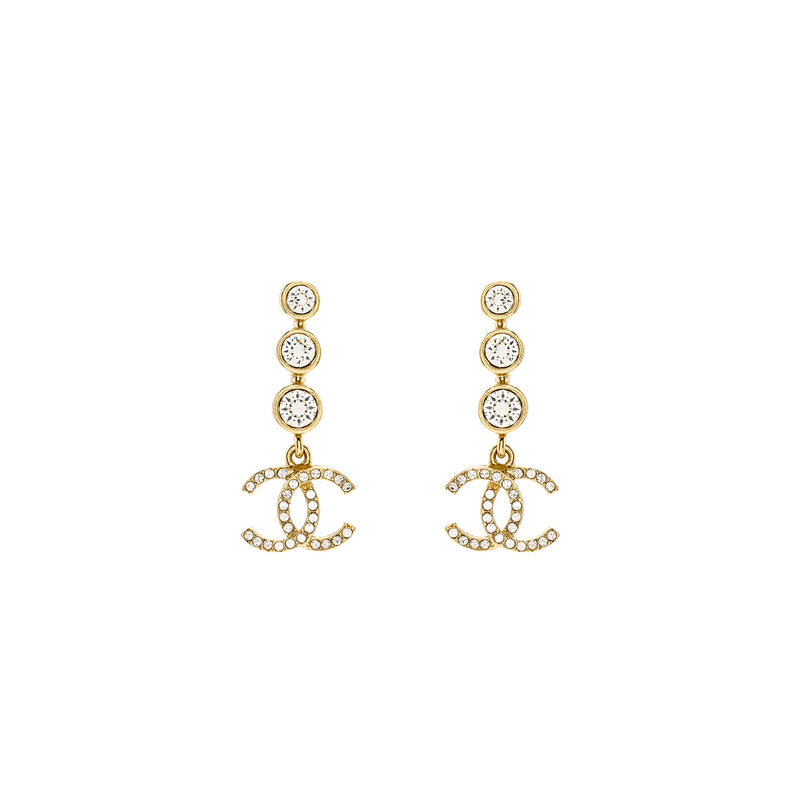 Chanel CC Logo Dropped Earrings Crystal Light Gold Tone