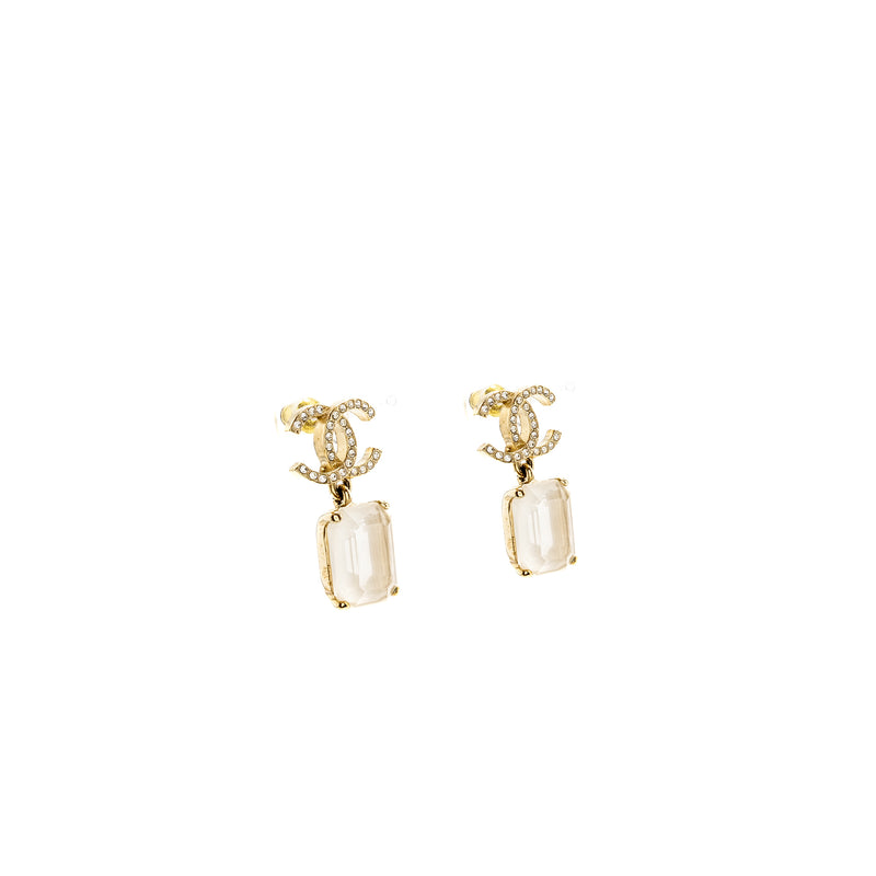 Chanel CC Logo Square Drop Earrings with Crystal Light Gold Tone