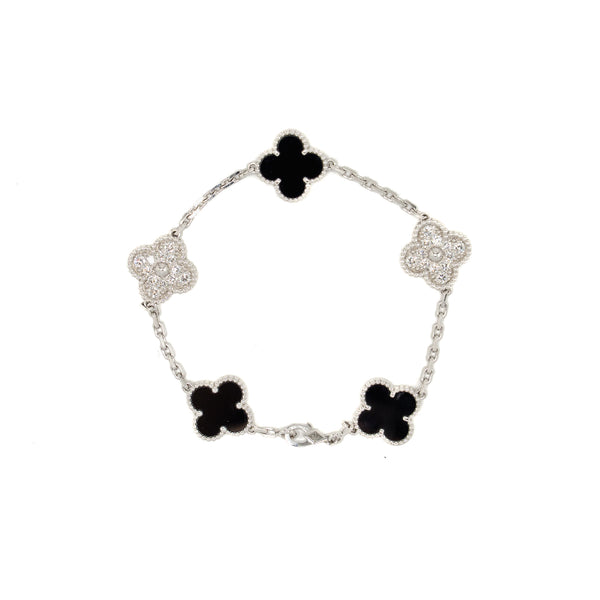 Van Cleef & Arpels Vintage Alhambra Bracelet, 5 Motifs, White Gold/Diamonds/Onyx