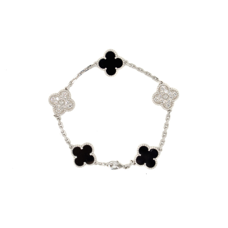 Van Cleef & Arpels Vintage Alhambra Bracelet, 5 Motifs, White Gold/Diamonds/Onyx