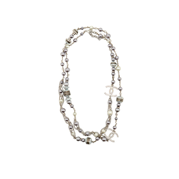 Chanel Crystal/Pearl CC Logo Long Necklace Silver Tone
