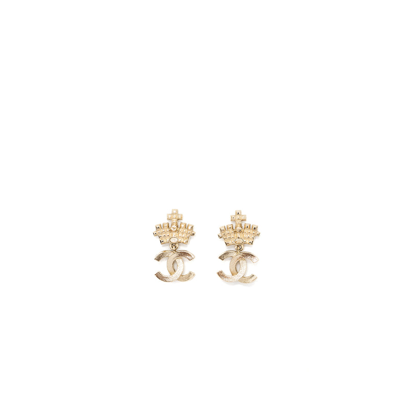 Chanel CC Logo Drop Crown Earrings Crystal/Pearl Light Gold Tone