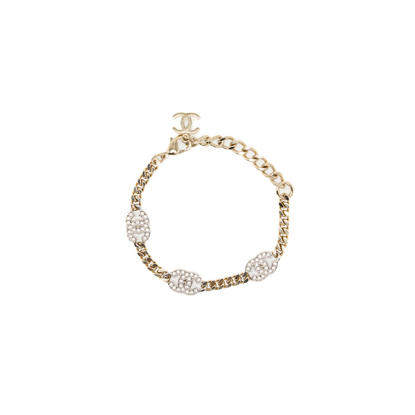 Chanel CC logo Bracelet Crystal Light Gold Tone