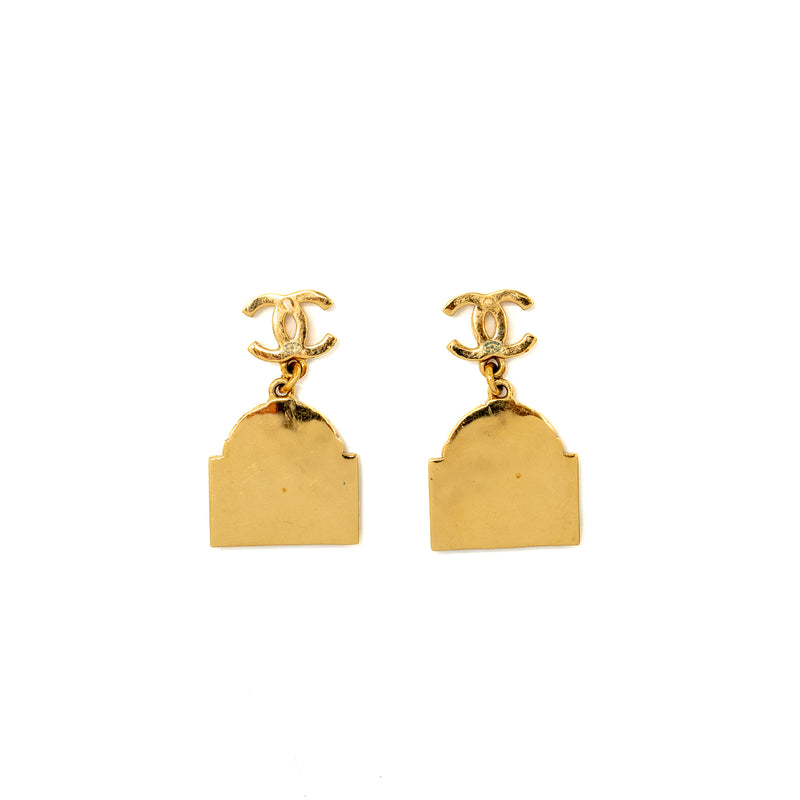 Chanel CC Logo Rue Cambon Drop Earrings Gold Tone