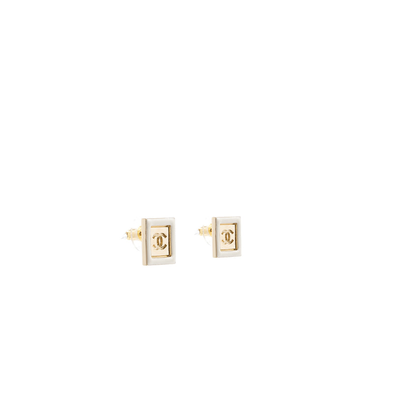 Chanel Square and CC logo earrings white gold tone