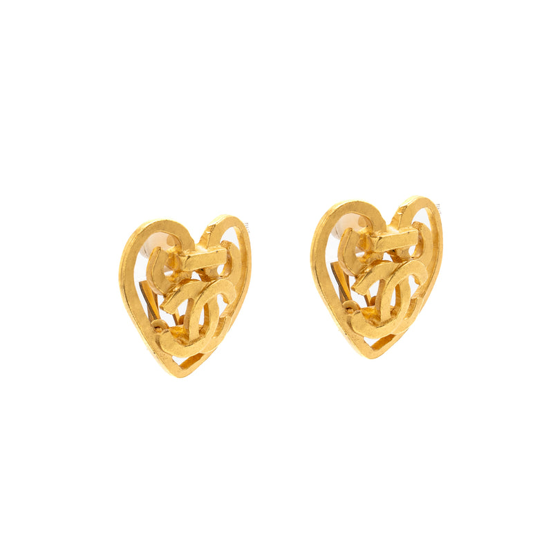 Chanel Vintage Heart Shape CC Logo Ear Clips Gold Tone