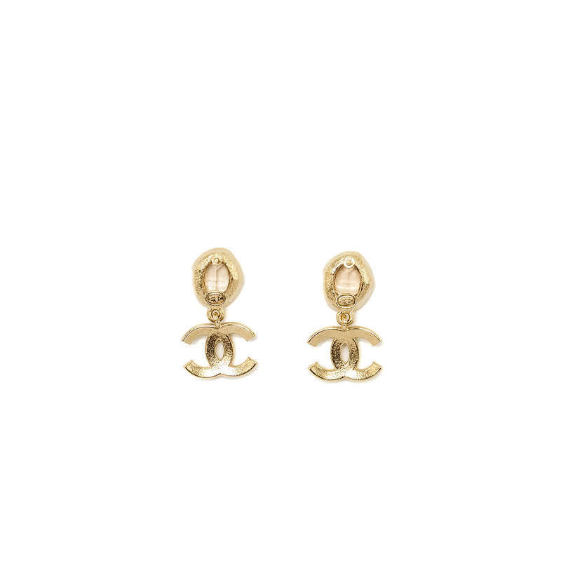 CHANEL Pearl CC Logo Drop Earrings Crystal Light Gold Tone