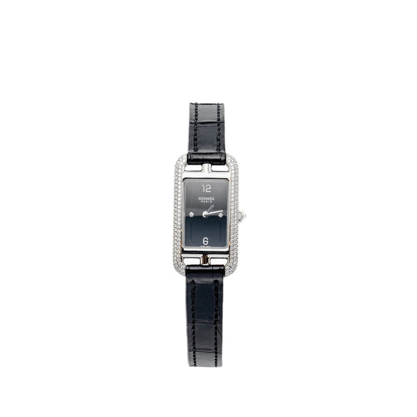 Hermes Nantucket Watch Small Model 29MM with Black Alligator Strap, Black Dial