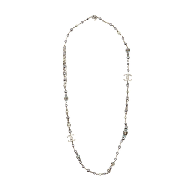 Chanel Crystal/Pearl CC Logo Long Necklace Silver Tone