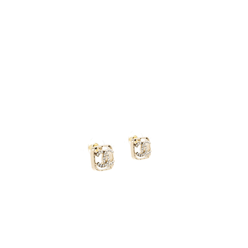 Chanel Square CC Logo Earrings Crystal Light Gold Tone