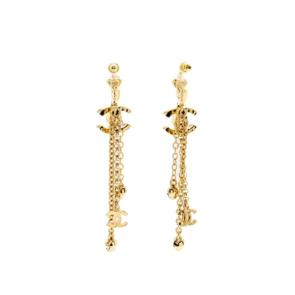 Chanel CC Logo/Heart dropped earrings light gold tone