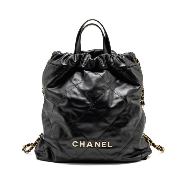 Chanel 22 Backpack White Letter Logo Shiny Calfskin Black GHW (Microchip)