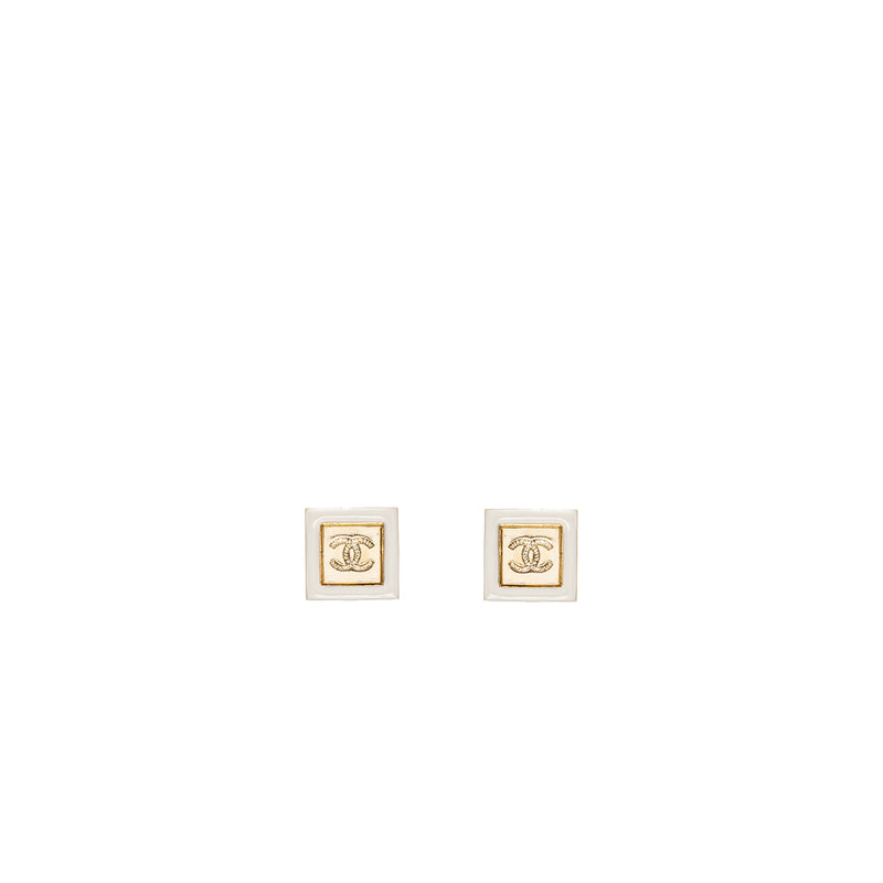 Chanel Square and CC logo earrings white gold tone