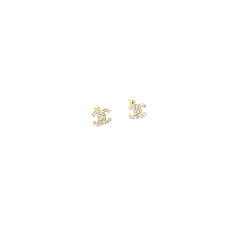 Chanel Classic CC Logo earrings Crystal Light Gold Tone