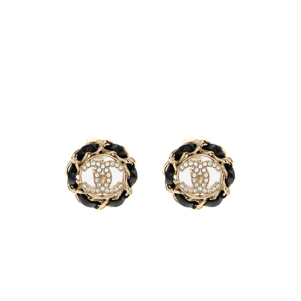 Chanel leather chain round cc logo ear clips light gold tone
