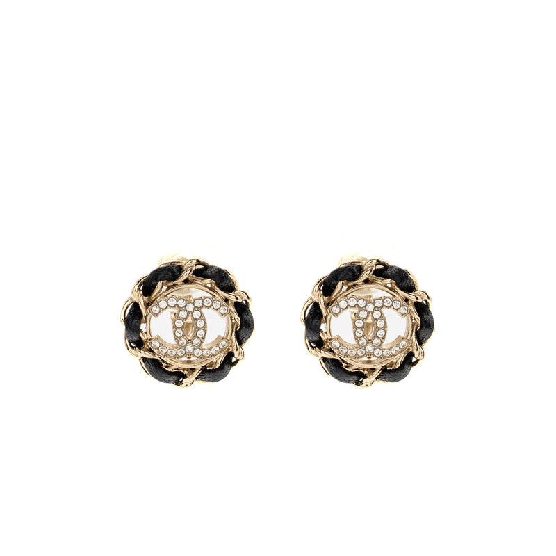 Chanel leather chain round cc logo ear clips light gold tone