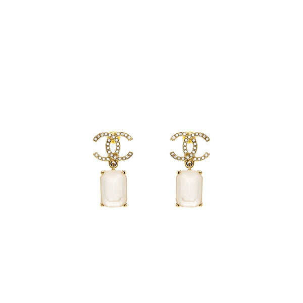 Chanel CC Logo Square Drop Earrings with Crystal Light Gold Tone