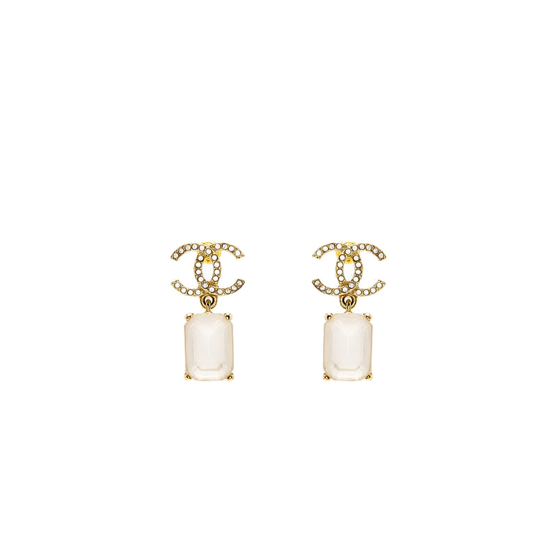 Chanel CC Logo Square Drop Earrings with Crystal Light Gold Tone