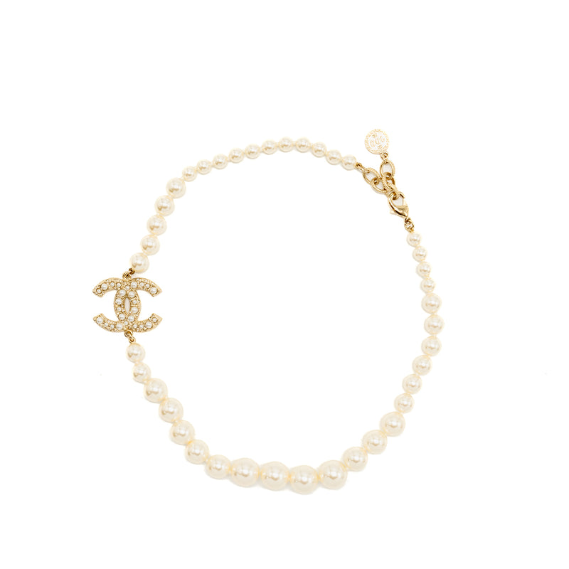 Chanel CC logo pearl necklace light gold tone