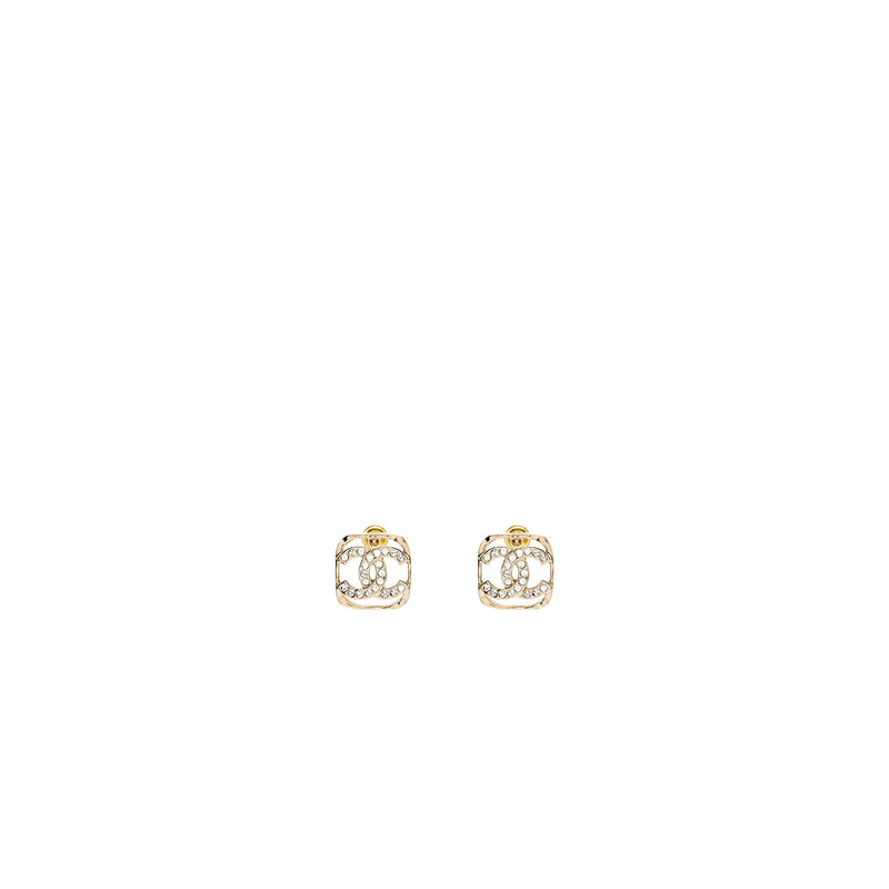 Chanel Square CC Logo Earrings Crystal Light Gold Tone