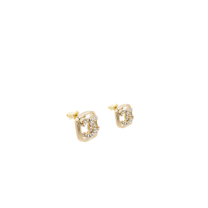 Chanel Square CC Logo Earrings Crystal Light Gold Tone