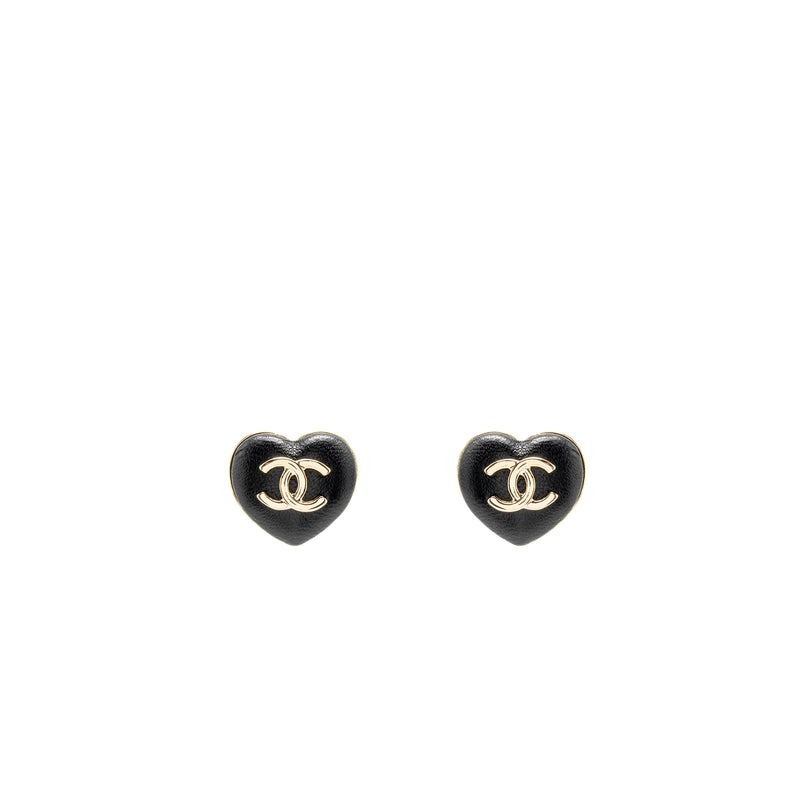 Chanel 22k CC Logo Heart Shape Earrings Lambskin Black LGHW