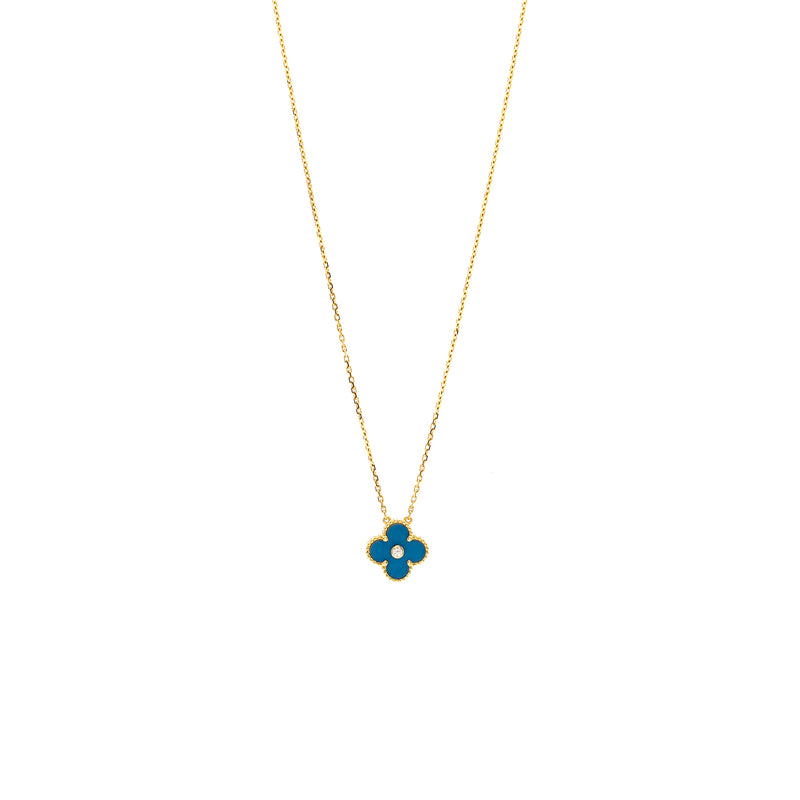 Van Cleef & Arpels Vintage Alhambra Pendant, Celestial Blue Sevres Procelain Yellow Gold, Diamond
