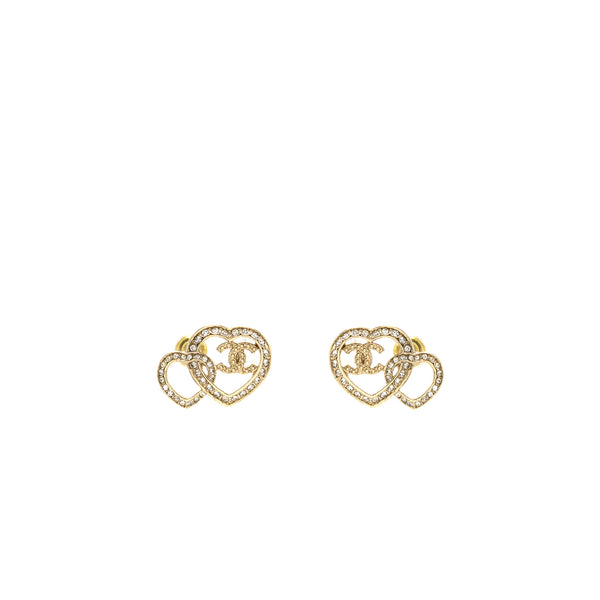 Chanel Double Heart CC Earrings Crystal Light Gold Tone