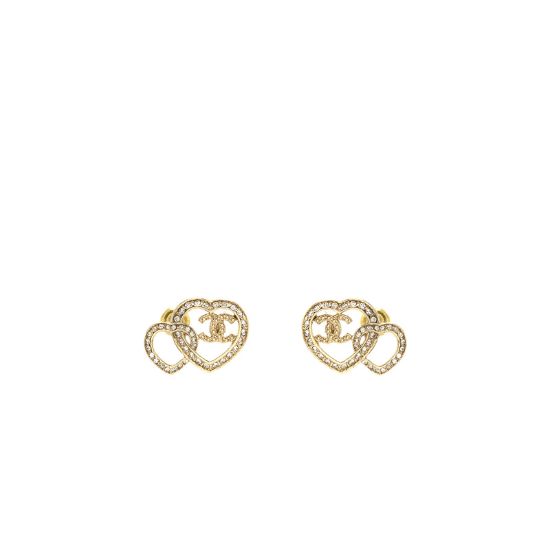 Chanel Double Heart CC Earrings Crystal Light Gold Tone