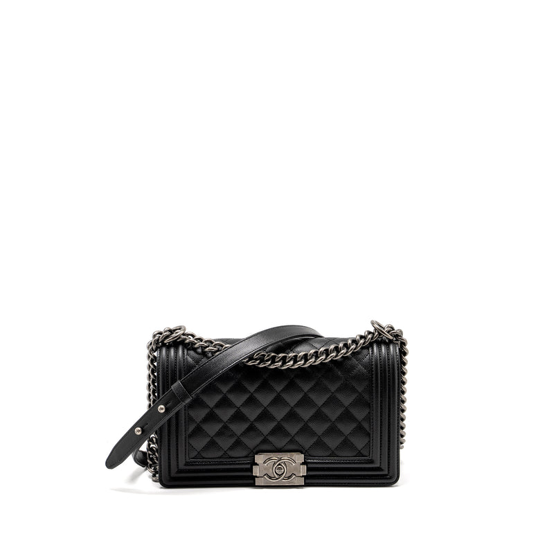 Chanel Medium Boy Bag Caviar Black Ruthenium Hardware (microchip)