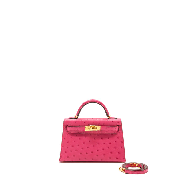 Hermes Mini Kelly II Special Order Ostrich E5 Rose Tyrien/Trench GHW Stamp Z